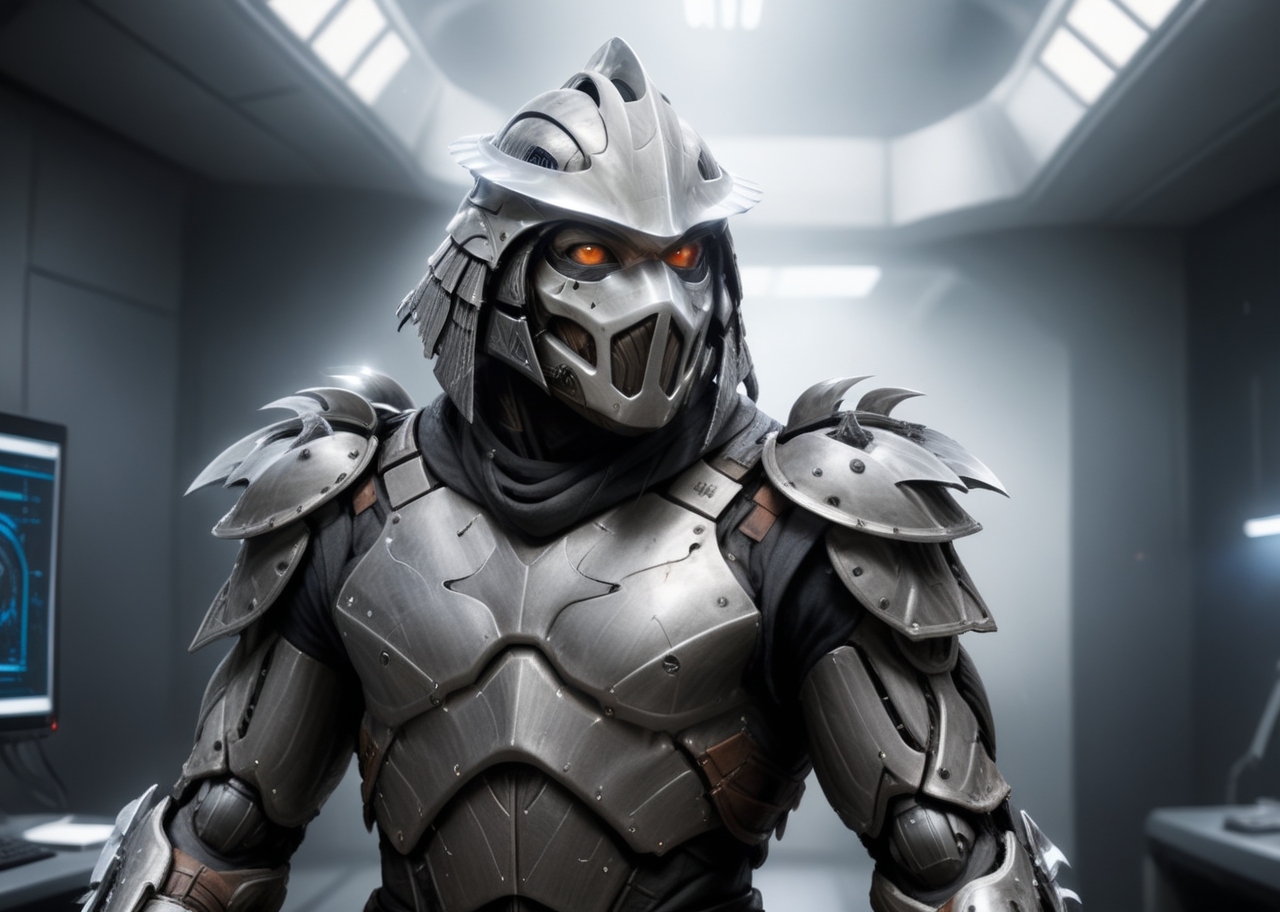 a highres photo of a TMNTShredder 1man armored samurai knight, wearing a futuristic full armor outfit with pauldrons and futuristic metal samurai helmet with mask, in a futuristic research facility, computers, futuristic machines, muscular build, <lora:90s_TMNT_Shredder_SDXL:0.8> <lora:compb0t:1>