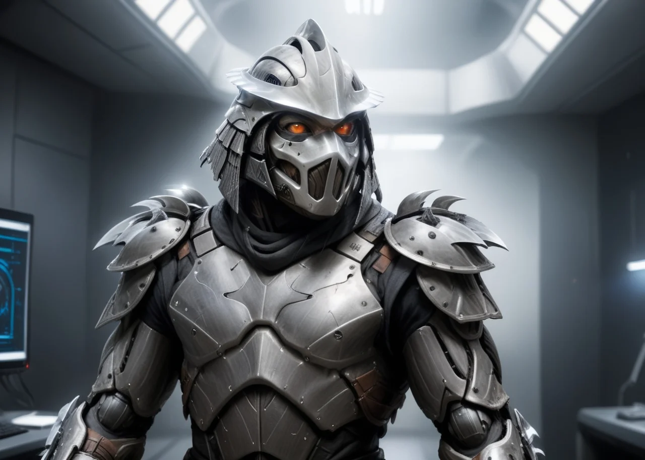 a highres photo of a TMNTShredder 1man armored samurai knight, wearing a futuristic full armor outfit with pauldrons and futuristic metal samurai helmet with mask, in a futuristic research facility, computers, futuristic machines, muscular build, <lora:90s_TMNT_Shredder_SDXL:0.8> <lora:compb0t:1>