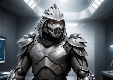 a highres photo of a TMNTShredder 1man armored samurai knight, wearing a futuristic full armor outfit with pauldrons and futuristic metal samurai helmet with mask, in a futuristic research facility, computers, futuristic machines, muscular build, <lora:90s_TMNT_Shredder_SDXL:0.8> <lora:compb0t:1>
