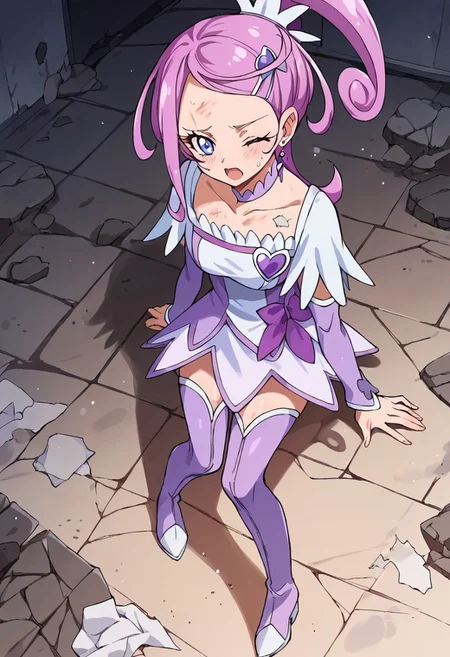 score_9, score_8_up, score_7_up, source_anime,
<lora:curesword.pony:1>,
curesword,
large breasts, one eye closed, feeling pain, on her knees, one hand on the floor, rippled clothes, bruises on body, bruises, dust, dust on clothes, rippled suit
City, street, in middle of the street, destroyed buildings, rubble, rubble on floor