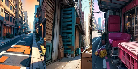 highly insanely detailed, masterpiece, top quality, best quality, highres, 4k, 8k, RAW photo, (very aesthetic, beautiful and aesthetic), bebop cityscape, buildings, radiator, ait conditioning, cardboard box, trash, street, car, <lora:bebopv01:0>, 
__lazy-wildcards/dataset/background-color__âââ