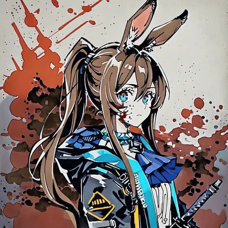 <lora:pen-drawing_A3.1_XL:1.2>,(pen_art_style, pen_drawing_style),(masterpiece,best quality),1girl,animal ears,amiya (arknights),solo,blue eyes,rabbit ears,long hair,holding,looking at viewer,blood,weapon,blue ascot,upper body,holding weapon,brown hair,ascot,hair between eyes,sword,holding sword,jacket,blood on face,closed mouth,open clothes,sidelocks,open jacket,jewelry,shirt,neck ring,white shirt,black jacket,ponytail,glowing,