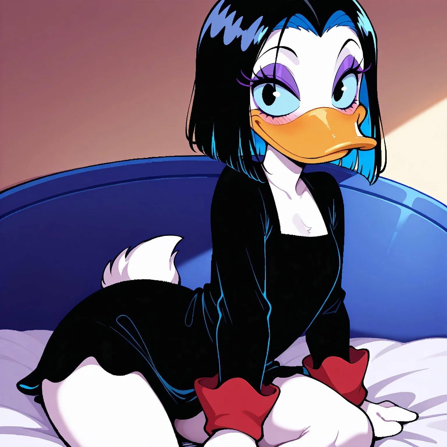 masterpiece, best quality, amazing quality, very aesthetic, absurdres, newest, score_9, score_8_up, 1girl, solo, magicads, furry female, female duck, purple eyeshadow, black hair, short hair, black dress, red sleeve frills, long sleeves, blue sclera, black eyes, white skin, sitting, smile, blushing, large breats, large hips, cute, adorable, happy, bedroom, blue bed, 2d,