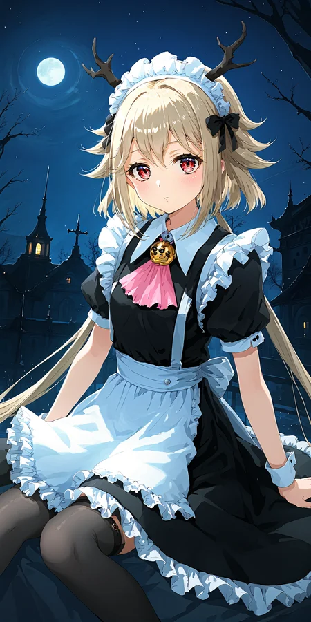 1girl, solo, looking at viewer, looking at viewer, night sky, moon, sitting,
maid apron,
<lora:Licorice-000010:1> ,outfit_alternative , licorice, <lora:sakimi_style_ponyXL_v1:0.2> sakimi style