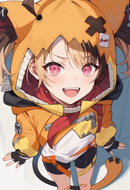 score_9, score_8_up, score_7_up, uncensored, source_anime, 1girl, <lora:spgigiMurinXLPony:1> murin1st, twintails, tail, animal hood, hood up, orange jacket, yellow jacket, striped clothes, black gloves, fingerless gloves, white shirt, black shorts, bike shorts, single thighhigh, asymmetrical legwear, bandaid on leg, portrait, upper body, happy, open mouth, smile, arms at sides, from above