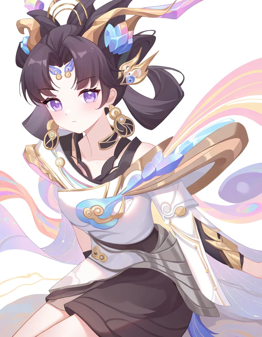 chenglongxuanji,solo,1girl,looking at viewer,white backgrounds,simple background,cowboy shot,<lora:chenglongxuanji-000014:1>,sitting,, masterpiece, best quality, very aesthetic, absurdres,newest, incredibly absurdres,