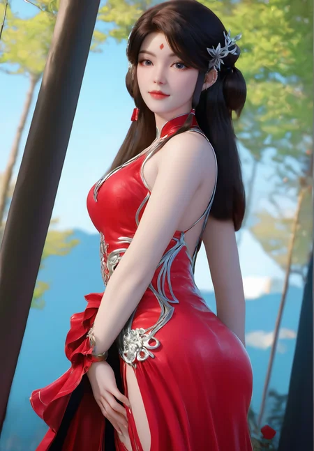 looking_at_viewer,cowboy_shot,(hands_on_ass:1.4),1girl,solo,dress,(face light:1.5),hair ornament,portiart,from front,masterpiece,(best quality),official art,extremely detailed cg 8k wallpaper,((crystalstexture skin)),(extremely delicate and beautiful),solo,realistic,photo_\(medium\),hiqcgbody,chinese background,(smile:0.4),red cheongsam,eye-contact,jewelry,long hair,<lora:huolinger_V3-000006:1>,