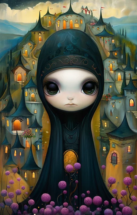 masterpiece,best quality,<lora:tbh158-sdxl:1>,illustration,style of Jeremiah Ketner, Nazgul over sleeping town