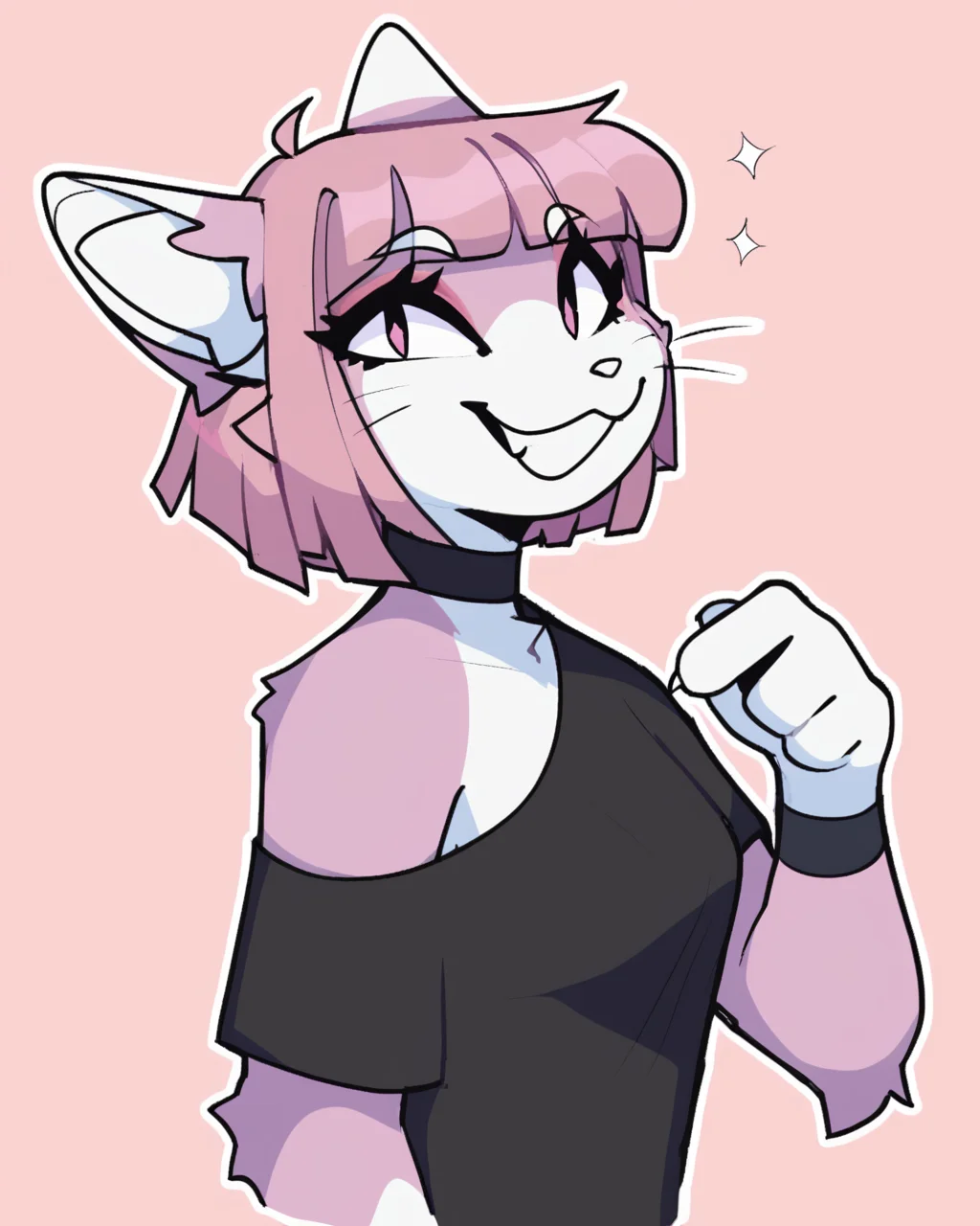 score_9_up, score_8_up, score_7_up, score_6_up, by remanedur, happy, smile, furry female, cat, pink eyes, medium breasts, inner ear fluff, pink hair, cat tail, whiskers, black dress, off shoulder, black choker, bangs, short hair, tail, looking at viewer, solo, three-quarter view, side view, simple background, white outline,<lora:Leah_Pines(AIM)_XL_v1:0.15> <lora:PDXL_artist_tags_v2_big:0.5> <lora:The-Minuscule-Task_PDXL_v1.0:0.6> <lora:Kimiko_Hattori_VHSELIXIR:0.7>