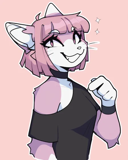 score_9_up, score_8_up, score_7_up, score_6_up, by remanedur, happy, smile, furry female, cat, pink eyes, medium breasts, inner ear fluff, pink hair, cat tail, whiskers, black dress, off shoulder, black choker, bangs, short hair, tail, looking at viewer, solo, three-quarter view, side view, simple background, white outline,<lora:Leah_Pines(AIM)_XL_v1:0.15> <lora:PDXL_artist_tags_v2_big:0.5> <lora:The-Minuscule-Task_PDXL_v1.0:0.6> <lora:Kimiko_Hattori_VHSELIXIR:0.7>