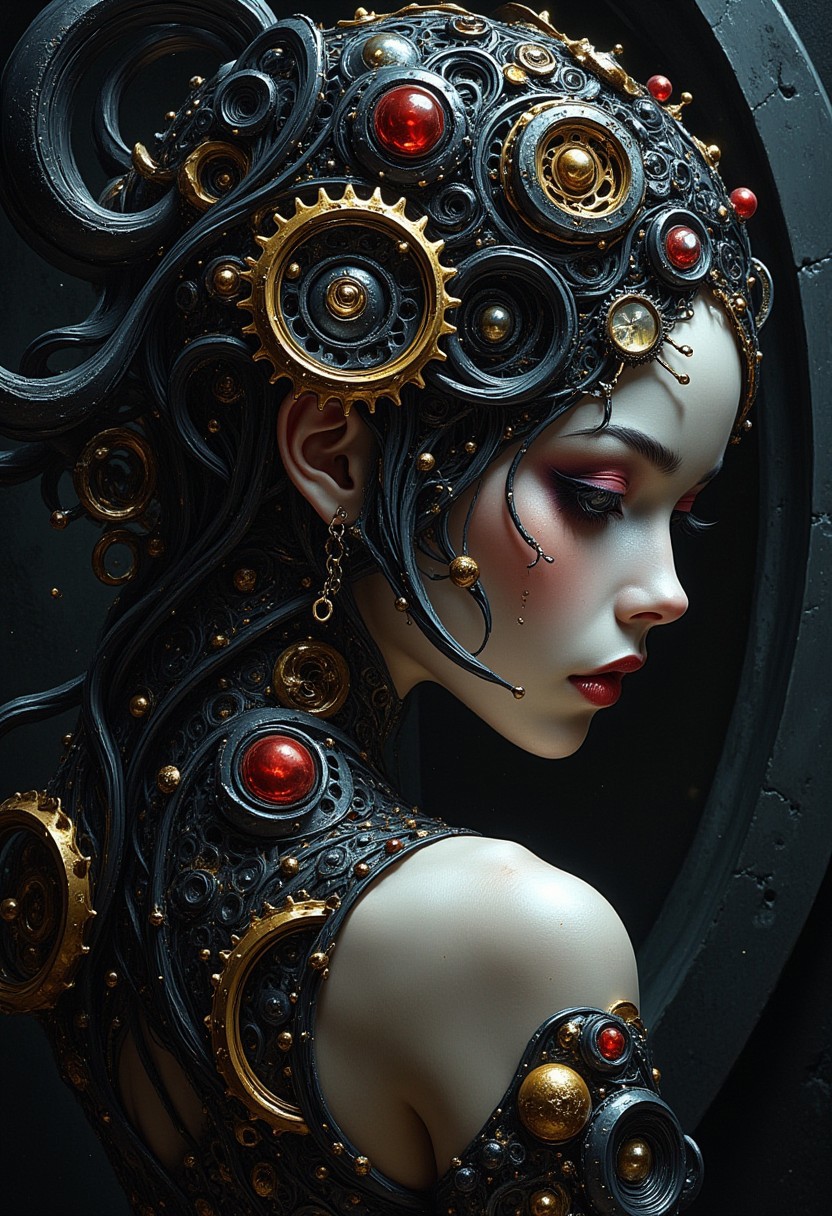 masterpiece, high detail, ArsMJStyle, dnddarkestfantasy, masterpiece, stunning oriental woman, made of clockwork cogs, abstract, fractal art. highest definition, HD32K, wallpaper, hyperdetailed, concept art, extreme closeup, side profile