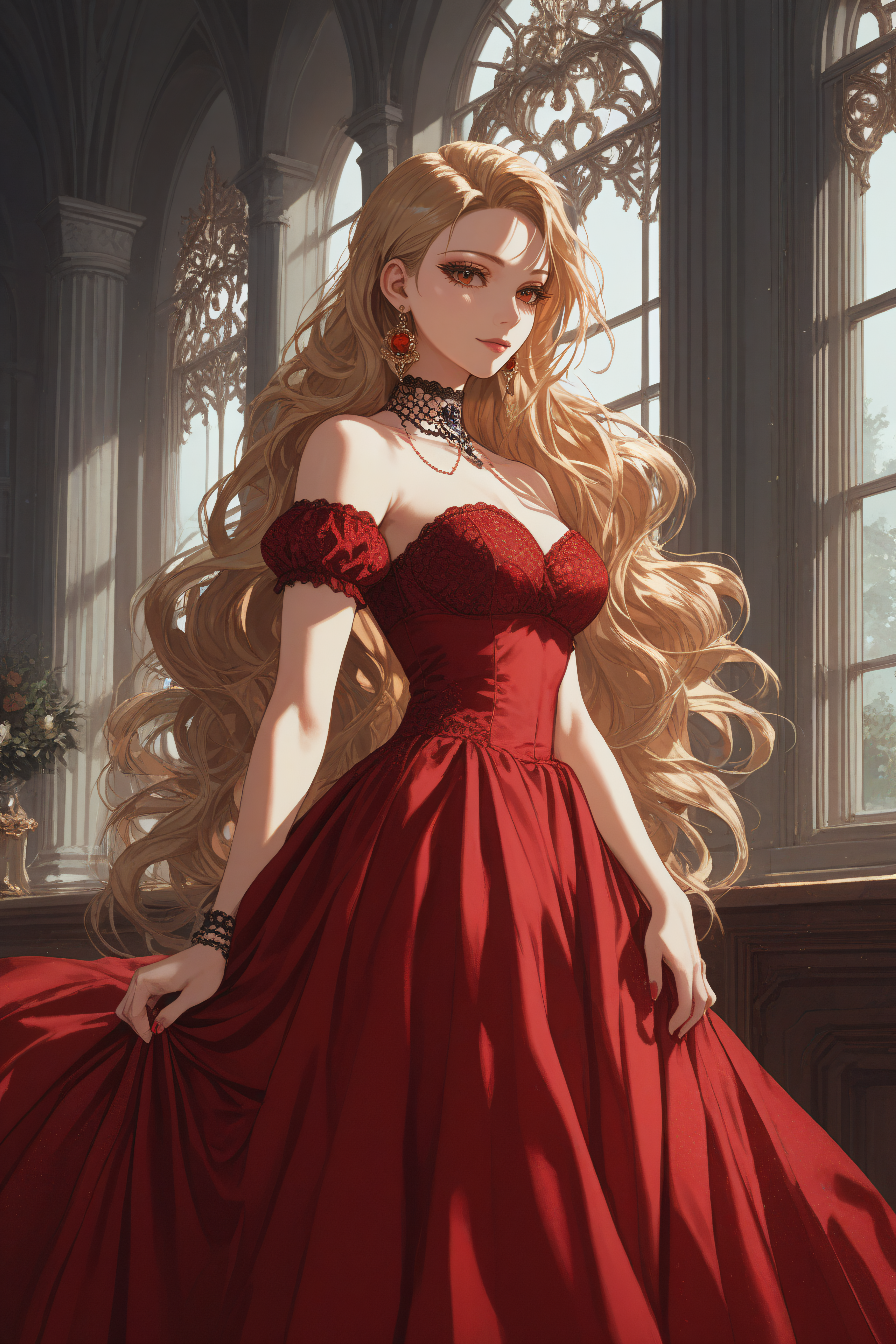 score_9, score_8_up, score_7_up, score_6_up, source_anime, <lora:Roxana Agrece v2-PonyXL-lora-Faxtron:1> roxana agree, red eyes, blonde hair, long hair, dress, seated on a velvet settee, she gazes out of a grand window, lost in nostalgic reverie
