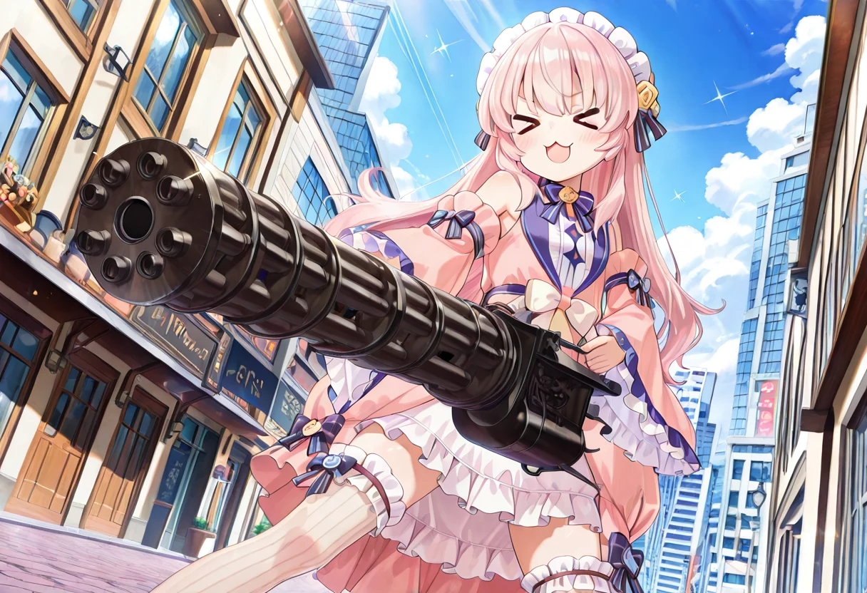 1girl, solo, little girl, open legs, from below, <lora:eksistere_ill_v1:1>, eksistere, long hair, pink hair, frill headdress, > <, pink dress, white skirt, skirt up, frill thighhighs, vertical stripes, black string from skirt, wide sleeves, bare shoulders, striped bow, yellow blue rose, :3, open mouth smile, <lora:M134 Minigun Y_ILLUS_c:1>, c-m134, holding m134, two-handed, outdoors, city, streets, sparkle, emphasis lines,
extremely detailed anime cg, anime screencap, anime artwork, amazing quality, very aesthetic, absurdres, newest,