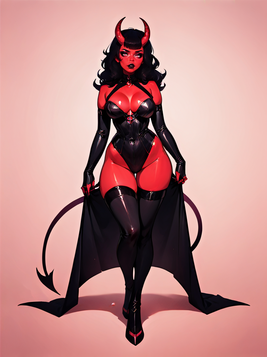 score_9, score_8_up, score_7_up, score_6_up, score_5_up, score_4_up,  <lora:d3v1lg1rlXLP2:0.7> d3v1lg1rl, black hair, makeup, colored skin, demon girl, demon horns, r3d skin, full body, pink background,