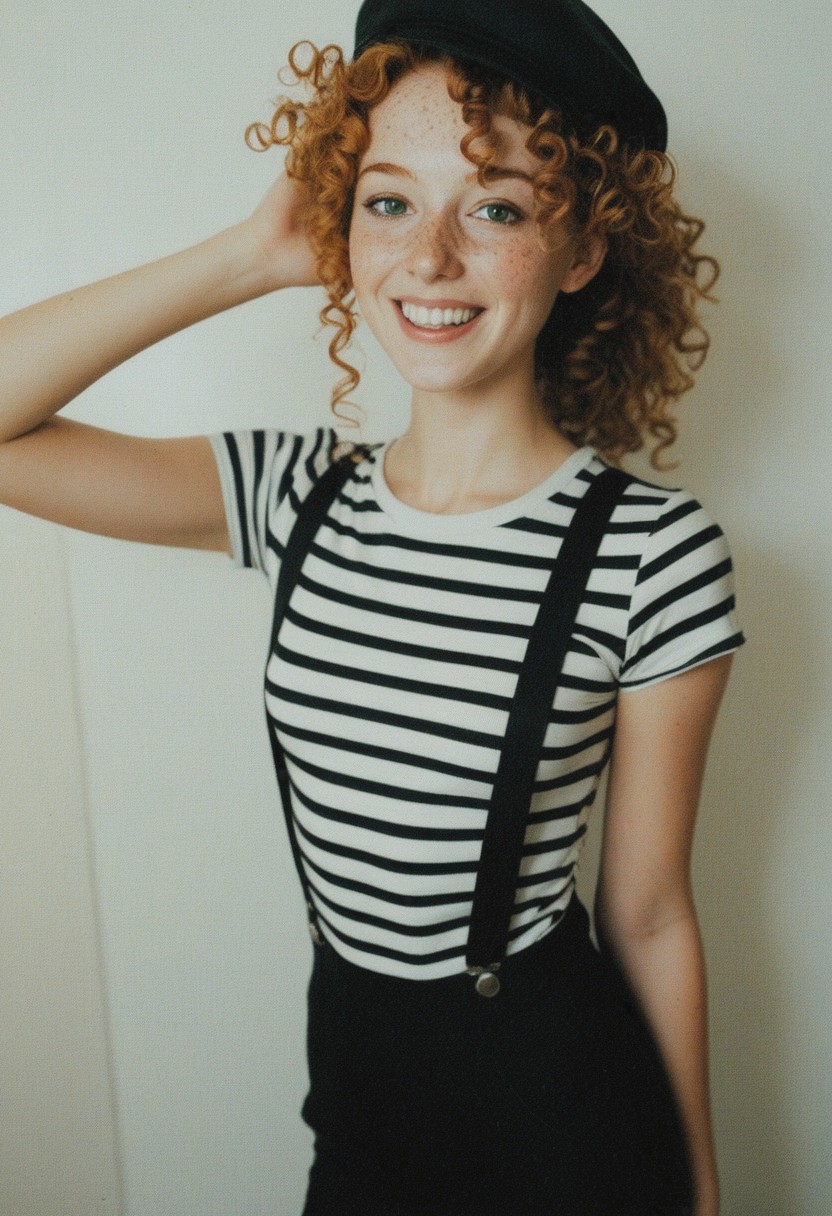 high quality, masterpiece, best quality, realistic, standing, full body view, curly hair, ponytail, clothed, striped shirt, black french hat, black suspender pants, morning light, 18y.o. girl, student,  youthful appearance, petite, slim , adorable face, laughing, flirty, teasing, green eyes, covered breasts, ginger hair, jaw length hair, freckles, 
Masterpiece, high definition, realistic, exquisite detail, perfect lighting, pov flirting, candid photo, different angles