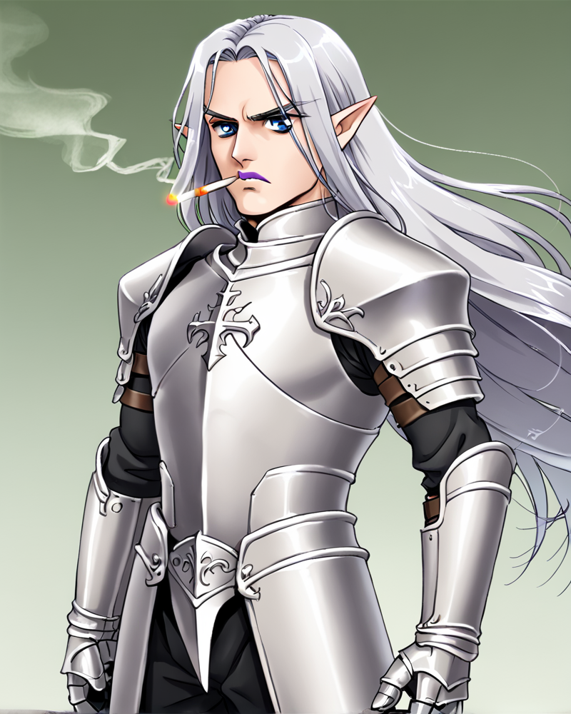 <lora:fuji_shinobu_style_ForPony:1> solo, 1boy, silver hair, elf, purple lipstick, blue eyes, knight, wearing armor, holding lance, weapon, smoking cigarette, frown, long hair