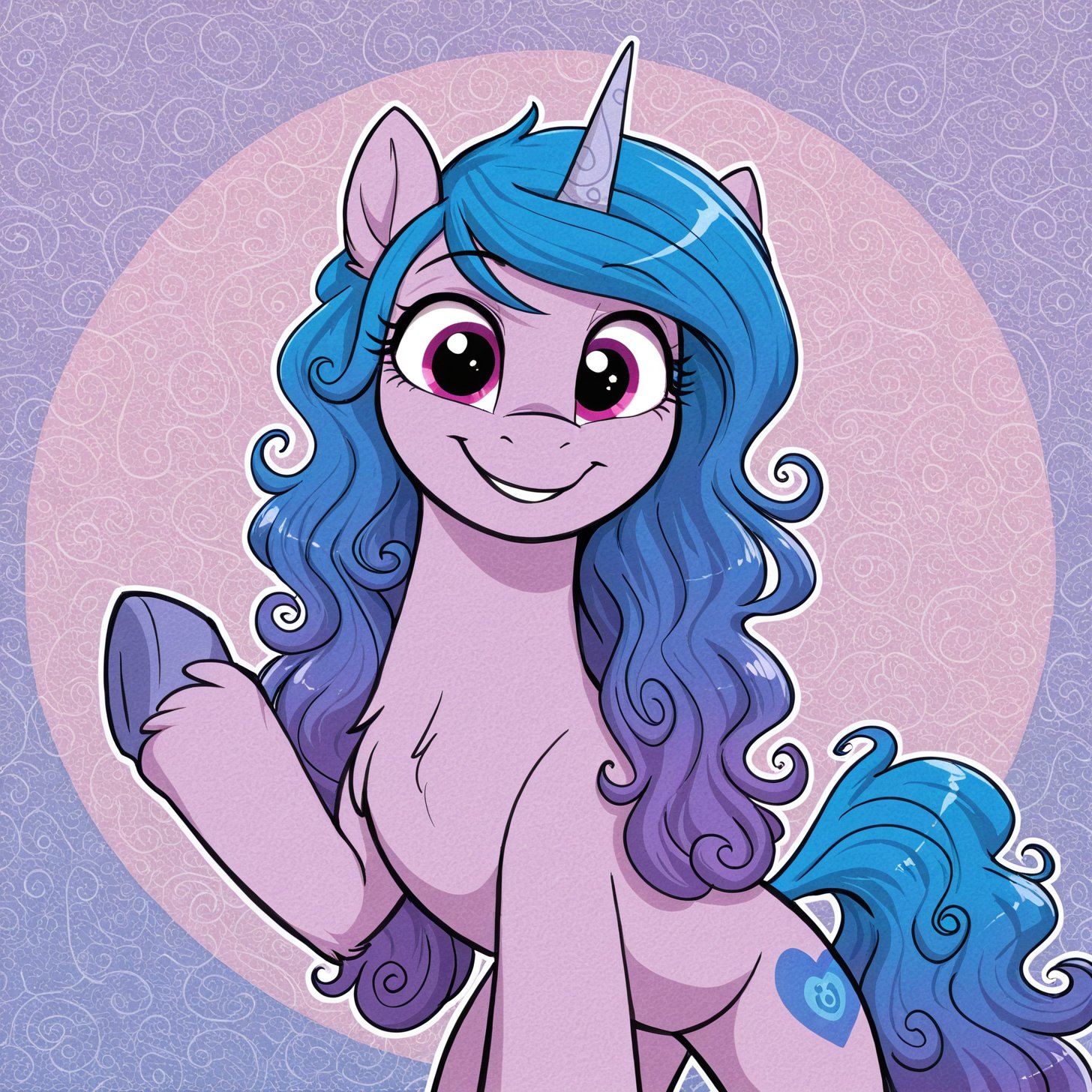 resolution, masterpiece, high resolution, (SOLO: 1.2), wild, detailed background,
,,solo plain background, , solo,, FIGHTING STANCE, , LOOK AT THE VIEWER, ABSTRACT BACKGROUND,
,  <lora:Izzy_Moonbow:1> Izzy Moonbow unicorn, lavender body, purple eyes, mane and tail that go from blue to dark purple, with wavy locks.