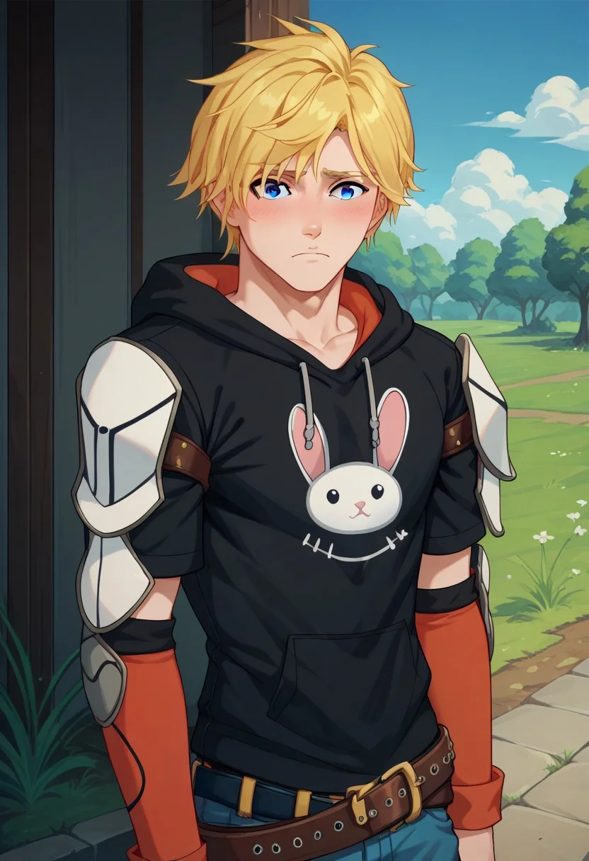 score_9, score_8_up, score_7_up, source_anime, highly detailed, 
jaune, 1boy, male focus, solo, blonde hair, blue eyes, upper body, hoodie, black hoodie, hood, animal print, bunny print, blush, frown, belt,
outdoor, sky,