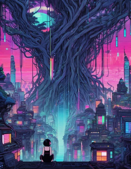 glitch art, glitches, artifacts, anime style, 90s anime, retro, pixels, flat colors, line art, young woman, shorter black hair, large breasts, v-shirt, cleavage, grey headphones, necklace, cute face, large eyes, pale white skin, sitting on a roof of a tall building, overlooking a sci-fi city, gigantic futuristic buildings, overgrown, vines, gigantic trees, fantasy creatures, colorful vegetation, flooded, waterfalls, bridges, colorful neon lights, sunset, fog, moons, chromatic aberration, heavy film grain