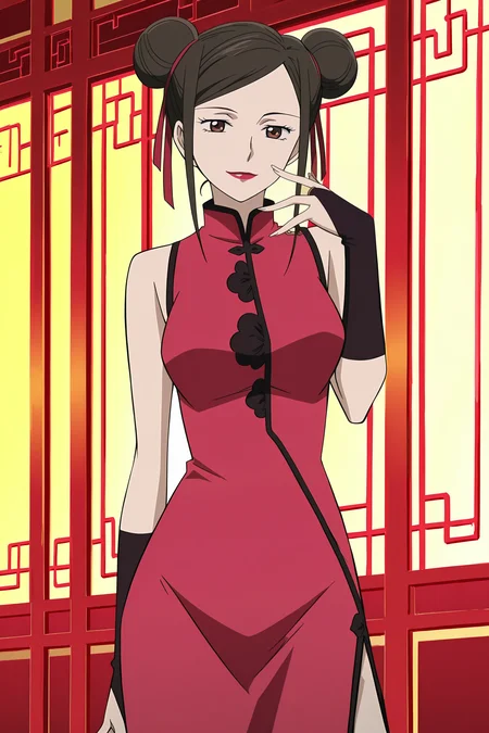 anime screencap, anime coloring, detailed face, masterpiece, best quality, very aesthetic, absurdres, volumetric lighting, official style, amazing quality, ultra detailed, highres, amazing quality, scenery, beautiful detailed hair, beautiful detailed eyes, defined fingers, five fingers,
<lora:StS-Illustrious-Detail-Slider-v1.0:4>
<lora:Misaki_Kirihara_Darker_Than_Black:1>
indoors, in a Chinese building,
Misaki Mandarin dress (outfit), Misaki Kirihara (character), 1girl, solo, chinese clothes, china dress, dress, double bun, brown eyes, hair bun, bridal gauntlets, lipstick, brown hair, hair ribbon, makeup, ribbon, sexy smile, seductive pose, cowboy shot, looking at the viewer