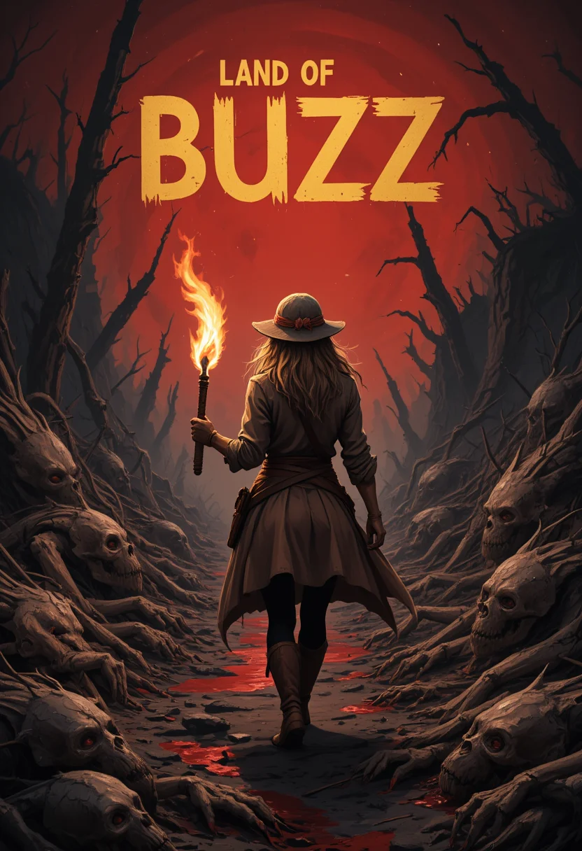 Movie poster with text "Land of BUZZ", realist style of a adventurer woman afraid by the environment, she brandishes a torch revealing a horrific land devastated by the corpses of demons crawling on the ground, red night, river of blood. detailed, intricate
