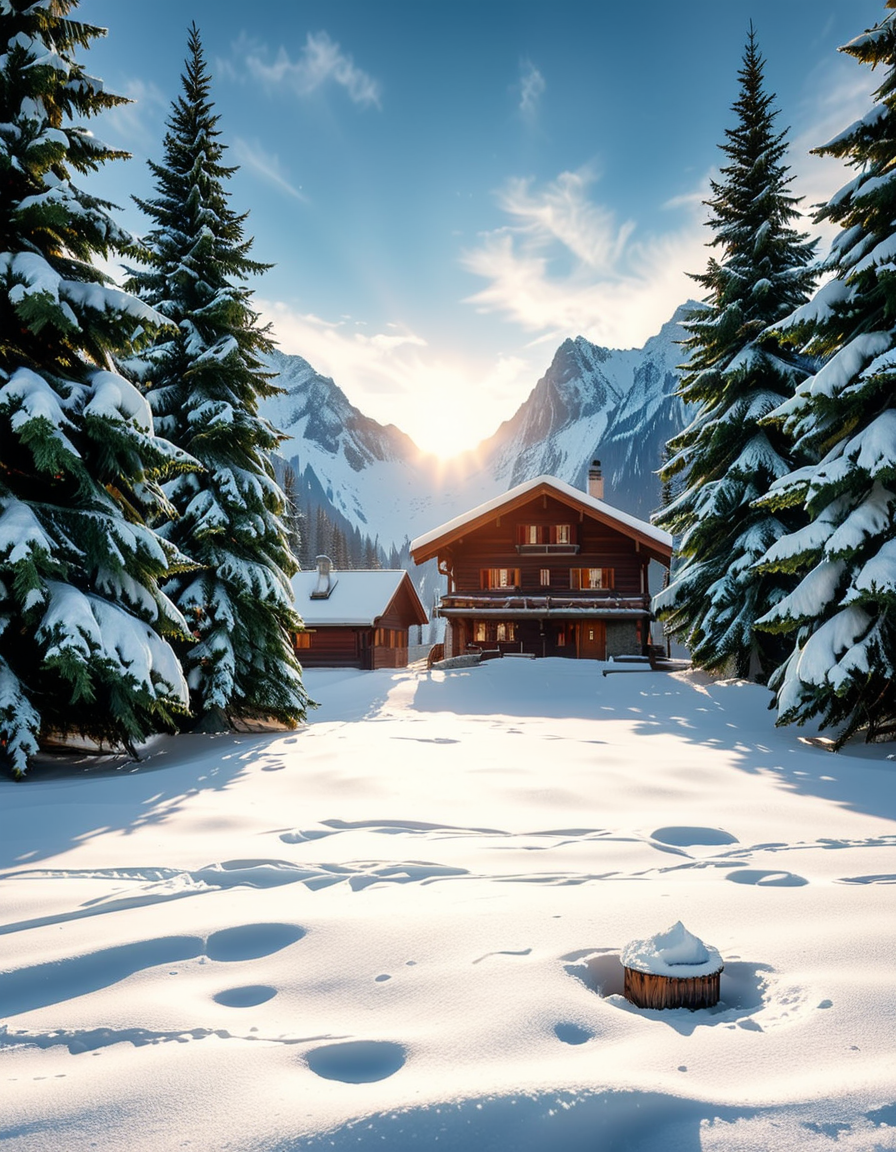 A cozy wooden chalet nestled in a serene winter landscape, surrounded by tall, snow-covered pine trees. Warm golden lights glow from the chalet's windows, contrasting with the crisp, cold air of the snowy evening. A thick layer of fresh snow blankets the ground, with a few footprints leading to the wooden front door. Smoke gently rises from the chimney, suggesting a warm fire inside. The sky is a soft twilight blue, with the first stars beginning to appear. In the foreground, a wooden fence partially covered in snow adds to the rustic charm. A small stack of firewood is neatly arranged near the entrance. The atmosphere is peaceful and inviting, evoking a sense of warmth and solitude in the midst of nature. The art style is hyper-realistic with soft lighting and high detail, emphasizing the texture of the wood, snow, and trees.
<lora:SDXLFaeTastic2400:0.4> <lora:extremely_detailed:0.4> extremely detailed, <lora:winter_l4ndsc4p3:1>,winter l4ndsc4p3, Masterpiece,best quality,hi res,8k,hi res,8k,award winning,(sharp focus, intricate, highly detailed),