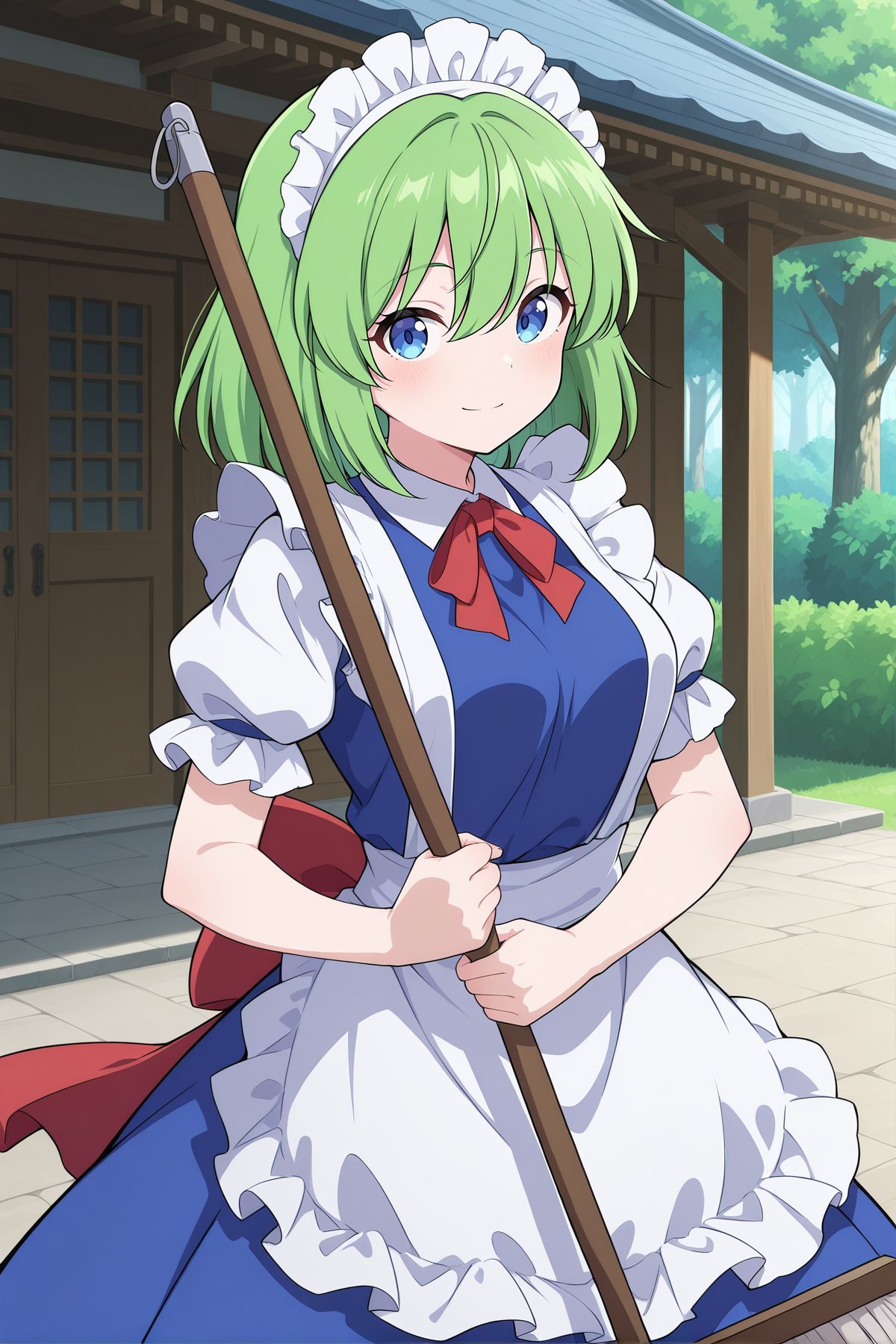 absurdres, highres, masterpiece, best quality, amazing quality, official anime artwork, screencap, anime screencap, outdoors, looking at viewer, light smile, dynamic pose, standing,
 <lora:Ruukoto_Illustrious:1> ruukoto, 1girl, solo, blue eyes, green hair,, maid headdress, neck ribbon , red ribbon, blue dress, frilled sleeves, short sleeves, maid apron, back bow, red bow, holding mop,