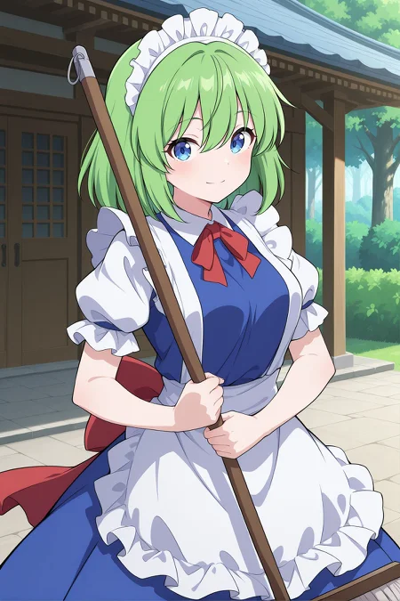 absurdres, highres, masterpiece, best quality, amazing quality, official anime artwork, screencap, anime screencap, outdoors, looking at viewer, light smile, dynamic pose, standing,
 <lora:Ruukoto_Illustrious:1> ruukoto, 1girl, solo, blue eyes, green hair,, maid headdress, neck ribbon , red ribbon, blue dress, frilled sleeves, short sleeves, maid apron, back bow, red bow, holding mop,