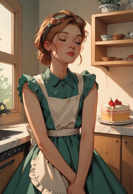 1girl, dress, norman rockwell style, in the kitchen, baking a cake, 1950s style, goggles on her head, closed eyes, green dress, white apron, score_9, score_8_up, score_7_up, score_6_up, score_5_up, score_4_up, rating_safe,
