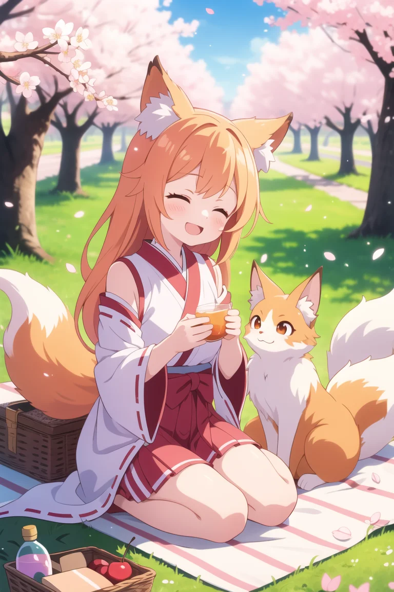 Tools used : a1111, depth midas (0.5), krita || Keywords : 1 girl, young, cute, fox girl, fox tail, orange hair, sitting, springtime picnic, little fox pet, blooming sakura, peaceful scene