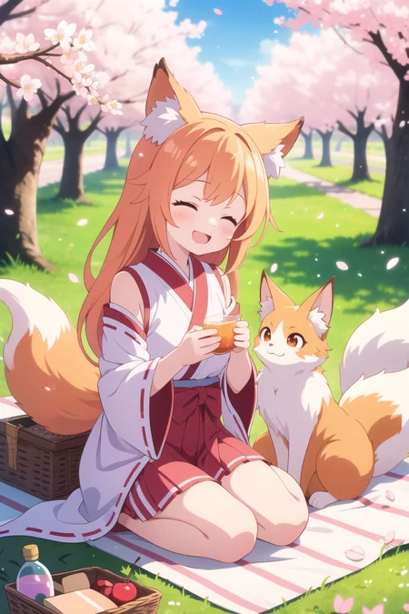 Tools used : a1111, depth midas (0.5), krita || Keywords : 1 girl, young, cute, fox girl, fox tail, orange hair, sitting, springtime picnic, little fox pet, blooming sakura, peaceful scene