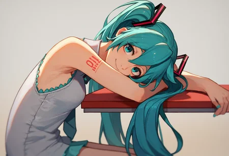score_9, score_8_up, score_7_up, 1girl, head rest arm rest, looking at viewer, smile, from side, sitting, hatsune miku
<lora:head_rest_arm_rest_pony_1:1>