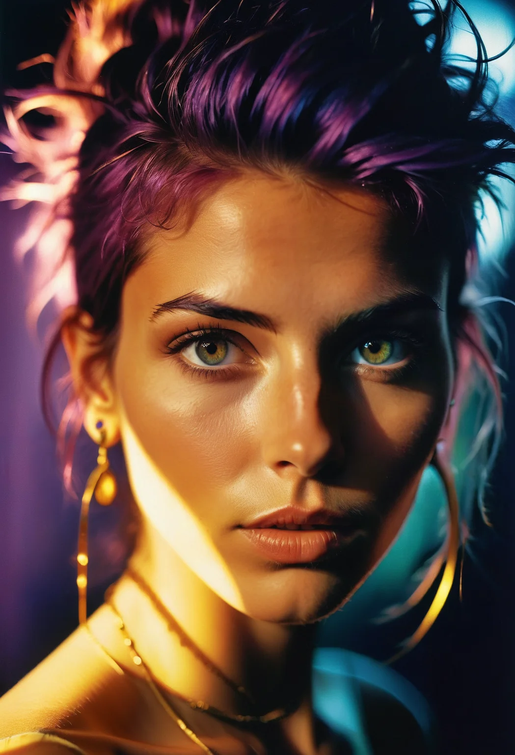 RAW Photo, closeup a beautiful punkish 22yo woman, movement of light, dramatic shadows, masterpiece, 8k, award winning art, rich vibrant colors, in the style of Steve McCurry, 35mm photograph, kodachrome, amazing lighting, analog film, film grain, cinematic, subsurface scattering