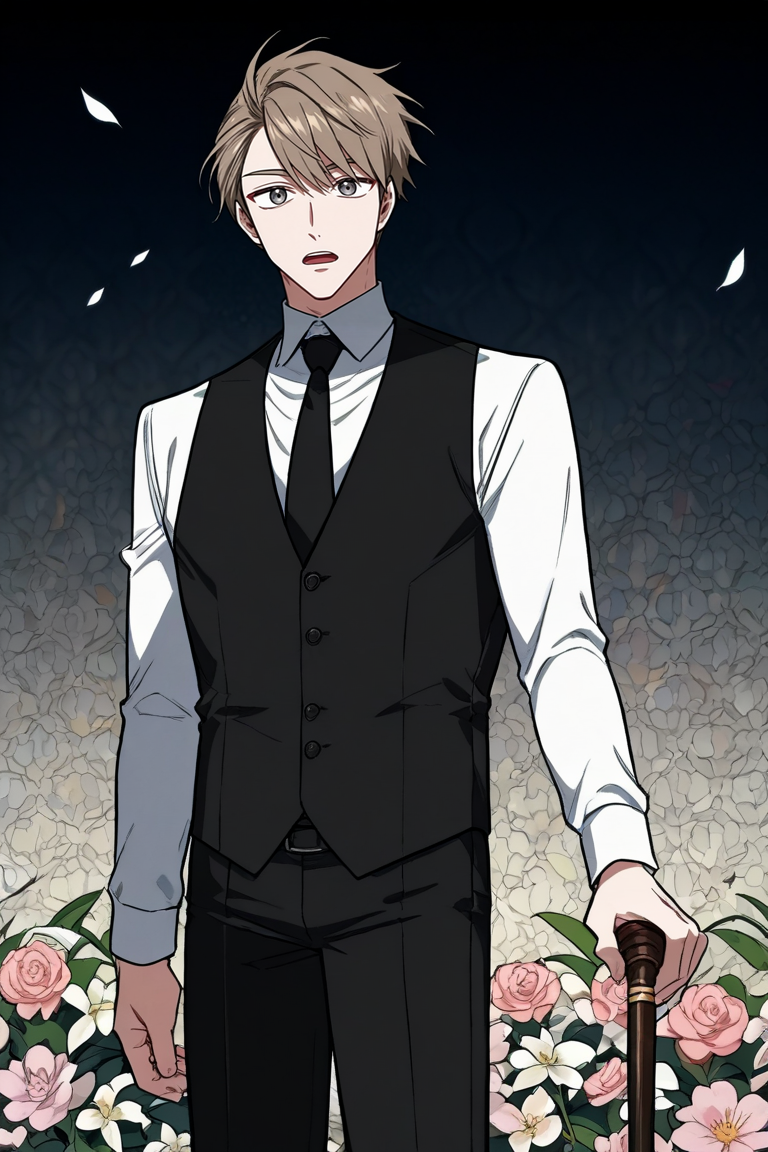 score_9, score_8_up, score_7_up,score_6_up,score_5_up,score_4_up,source_anime,BREAK, rating_safe, intricate details, , anime screencap, anime coloring, official style, depth of field,1boy, solo, male focus,<lora:glenn:0.90>,glenn hoffen,gray eyes,light brown hair,short hair,swept bangs,looking at viewer, open mouth, simple background, shirt, long sleeves, holding, standing, white shirt,flower, necktie, collared shirt, pants, vest, black pants, formal, black necktie, pink flower, black vest,cane,holding cane, floral background  , , ,  <lora:sdxl_lightning_8step_lora_315544:1>