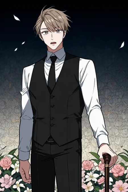 score_9, score_8_up, score_7_up,score_6_up,score_5_up,score_4_up,source_anime,BREAK, rating_safe, intricate details, , anime screencap, anime coloring, official style, depth of field,1boy, solo, male focus,<lora:glenn:0.90>,glenn hoffen,gray eyes,light brown hair,short hair,swept bangs,looking at viewer, open mouth, simple background, shirt, long sleeves, holding, standing, white shirt,flower, necktie, collared shirt, pants, vest, black pants, formal, black necktie, pink flower, black vest,cane,holding cane, floral background  , , ,  <lora:sdxl_lightning_8step_lora_315544:1>