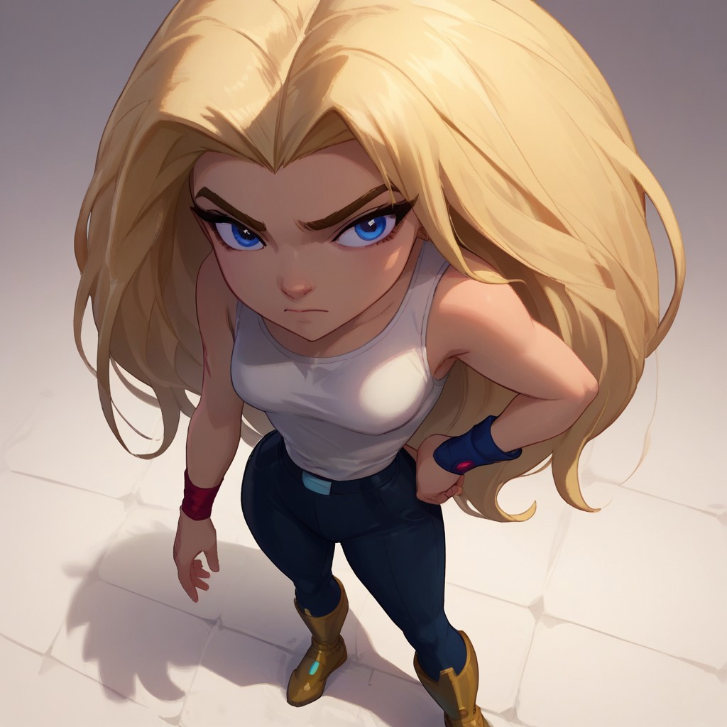 score_9, score_8_up, score_7_up, score_6_up, score_5_up, score_4_up,masterpiece,best quality, highly detailed, score_9, score_8_up, score_7_up, score_6_up,source_anime, 1girl,torunn,hip to one side,hand on hip,full body, natural lighting, FOV 90 degrees,high angle shot,very long hair, blonde hair, solo, blue eyes, tank top, round ass, fit skinny waist, round breasts, tall, medium body, small breasts, narrow waist, small ass, normal hips, slender, perfect face, perfect anatomy, beautiful anime eyes,musclar arms,ringed eyes