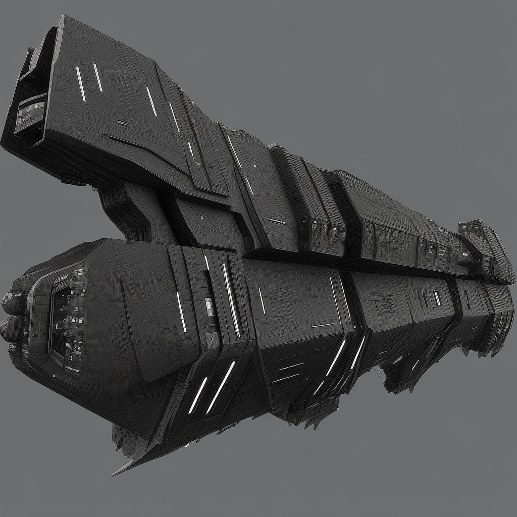 Image depicts a detailed 3D model of a futuristic, heavily armored spaceship. The ship has a dark, metallic exterior with various panels, vents, and intricate surface details. It features a large, rectangular main body with multiple protruding sections and angular designs. The front of the ship is broad and blocky, while the rear tapers slightly with visible thrusters. There are numerous small, illuminated windows and lights scattered across the surface, suggesting internal compartments. A prominent white emblem is visible on the side of the ship, adding a distinct visual element. The overall design is sleek yet robust, indicating a vessel built for space travel and possibly combat.