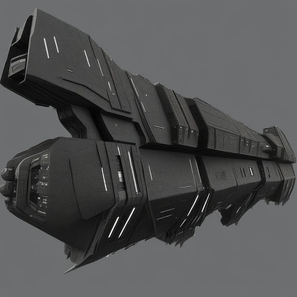 Image depicts a detailed 3D model of a futuristic, heavily armored spaceship. The ship has a dark, metallic exterior with various panels, vents, and intricate surface details. It features a large, rectangular main body with multiple protruding sections and angular designs. The front of the ship is broad and blocky, while the rear tapers slightly with visible thrusters. There are numerous small, illuminated windows and lights scattered across the surface, suggesting internal compartments. A prominent white emblem is visible on the side of the ship, adding a distinct visual element. The overall design is sleek yet robust, indicating a vessel built for space travel and possibly combat.