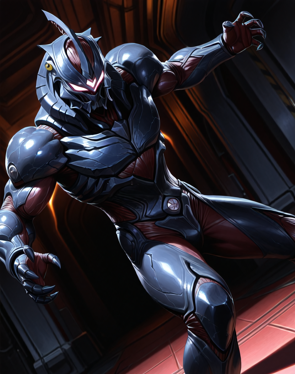 perfect depth of field shot, masterpiece, beautiful, sharp focus, crisp details,
<lora:Dark_Hero_(Guyver)_(Illustrious)_(AD):1> Dark_Hero, Guyver, bioboosted armor, 
((exterior, science fiction, high science fiction, action anime style background, dark spaceship interior, photographic realism, 8K CGI render, 
dynamic action, dynamic perspective, dutch angle, bent knee, cowboy shot,
male focus, gradient style anime coloring, strong, fighting scene, solo, ):1.5), 
EZRealPONYXL, zPDXL, Smooth Quality, lazynsfw,