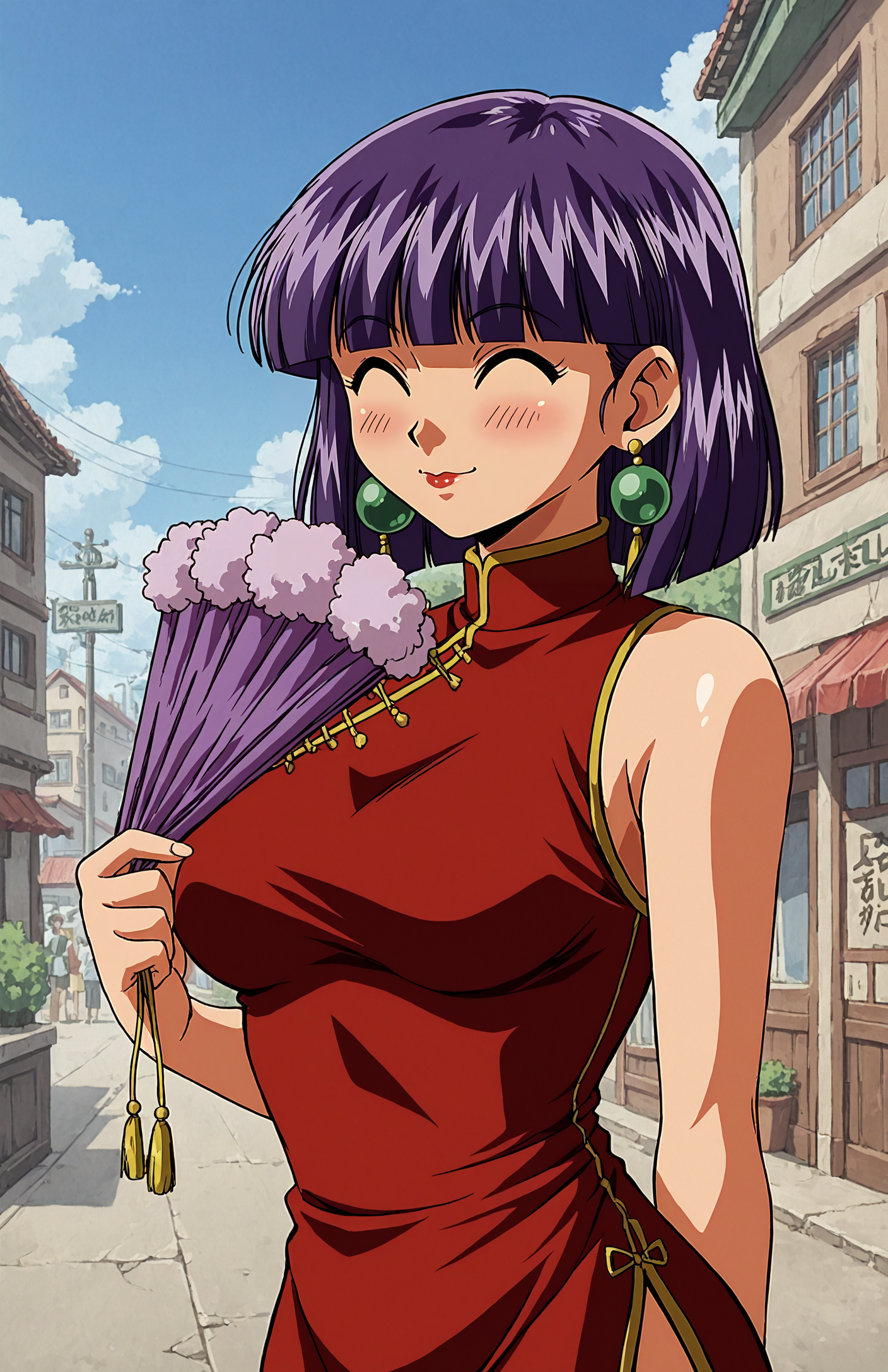 <lora:ê¸°í_Hyper-SDXL-8steps-lora:0.8> <lora:ê¸°í_Fixhands_anime_bdsqlsz_V1:1> score_9, score_8_up, score_7_up, score_6_up, BREAK, source_anime, rating_explicit, masterpiece, zPDXLxxx, <lora:ê¸°í_ëíì¼ë¬_StS_detail_slider_v1:2>
tsxelloss, 1girl, purple hair, china dress, closed eyes, ^ ^,closed mouth,  purple hair, red lips, earring, retro artstyle, holding fan, medium breasts, big ass, blush,<lora:tsxelloss-000006:0.9> , upper body, close-up, arm behind back, outdoors,street,