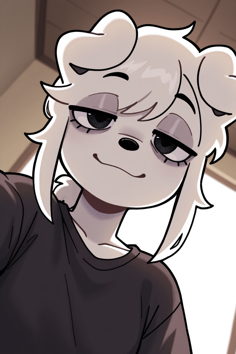 masterpiece, best quality, newest, highres,very aesthetic, absurdes, detailed eyes, 1girl, bearsockzdog,white hair, furry female, dog girl, black eyes, ponytail, upper_body,  shirt, looking at viewer, smiling, dynamic angle, half-closed-eyes