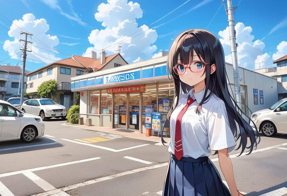 score_9, score_8_up, score_7_up, rating_safe, masterpiece, best quality, absurdres, unity 8k wallpaper, official art, official style, source_anime, uncensored, game cg, megami magazine,
1girl, solo, glasses, black hair, long hair, collared shirt, red necktie, pleated skirt, blue skirt, looking at viewer, blush, upper body,
lawson, konbini, scenery, storefront, car, outdoors, sky, scenery, cloud, road, power lines, utility pole, shop, day, street, building, blue sky
<lora:lawson_storefront_PONY_V1:1>