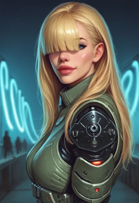 1girl, ((side view))), looking at viewer, highly detailed, from front, 1girl, skinny, looking at viewer, masterpiece, best quality,
raw, extremely detailed, hyperrealism, photo, perfect anatomy, <lora:grewishka_alita_pxl:1> source_photo, source_real, robot, cyborg, android, solo, looking at viewer, 1girl, full body, ((special force camo armor)), high heels, neon_lights, dynamic pose, pistols in hands
BREAK
fang smile, looking at viewer, long hair, ((blonde highlighting hair)), (((hair over eyes, front bangs))), long hair, dynamic pose
best quality, depth of field, bokeh, (((full clothed))), ((special force camo armor)),
BREAK
((((big futuristic gun in hands)))), (big futuristic pistol in hands:1.3), sc-fi soldier, dynamic pose, military camo armor
(((((rooftop, night city, neon lights))))) score_9, score_8_up, score_7_up, score_6_up, source_cartoon, rating_explicit, Expressiveh, (((((upper body))))), dynamic pose