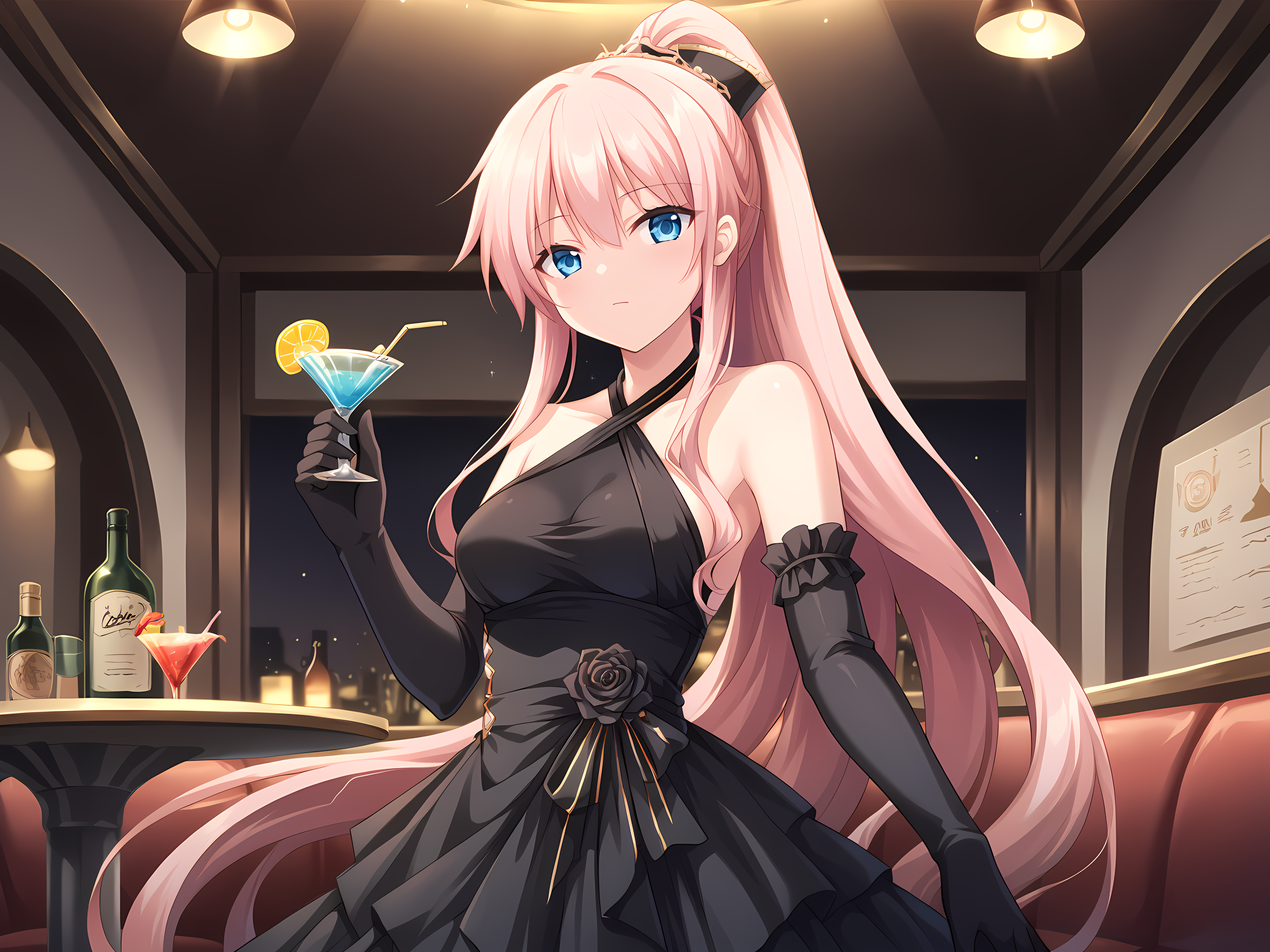 eushully,Margireta,very long hair,ponytail,pink hair,blue eyes,formal,cocktail dress,skin tight,medium breasts,halterneck,halter dress,criss-cross halter,black dress,indoors,restaurant,black gloves,elbow gloves,<lora:Margarita_-_Eiferia_-_Neneka_-_Madou_Koukaku_-_Eushully:0.8>,, score_9, score_8_up, score_7_up,source_anime,(masterpiece),(best quality),(ultra-detailed),(best illustration),(best shadow),(absurdres),(detailed background),(very aesthetic),source_anime