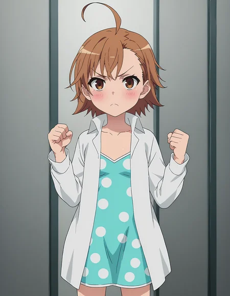 score_9, score_8_up, score_7_up, score_6_up, score_5_up, score_4_up, <lora:LastOrd_T1V0:0.85>, <lora:sdxl_lightning_8step_lora:1>,
source_anime, anime screencap, 1girl, solo,
LastOrd_T1V0, female child, brown hair, short hair, asymmetrical hair, ahoge, brown eyes, flat chest, blush, 
white shirt, dress shirt, open shirt, aqua dress, polka dot dress, collarbone, long sleeves, 
standing, hands up, clenched hands, 
looking at viewer, v-shaped eyebrows, light frown, 
indoors, cowboy shot,