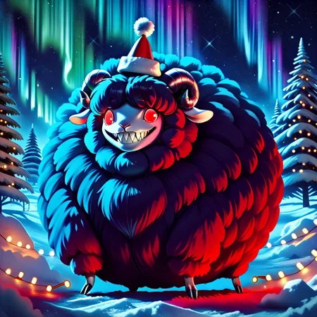 masterpiece, high quality, animated movie art, 1990s_\(style\), tiny monster, sheep monster, fuzzy, fluffy, spherical body, round_body, tiny limbs, little claws, glowing red eyes, small hat, horns, claws, evil grin, sharp teeth, cute, adorable, no human, animal focus, animal christmas, outside, night, starry sky, darkness, shadows, lights, string lights, rainbow aurora, high contrast colors