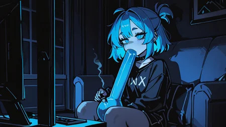 ,masterpiece,best quality,newest, <lora:BongHitIL:1.0> bongil, 1girl, solo, inhaling, sitting, living room, dark room <lora:Glamour_IL:1.0> mcglam, blue hair, blue eyes, monochrome