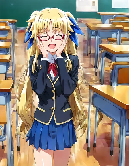 <lora:pony_xl_fate:0.9>,fate,score_9,score_8_up,score_7_up,source_anime,best quality,masterpiece,super fine illustration,1girl,solo,glasses,school uniform,long sleeves,white shirt,blue skirt,pleated skirt,smile,closed eyes,open mouth,light_blush,standing,hands on own face,indoor,classroom,cowboy_shot,