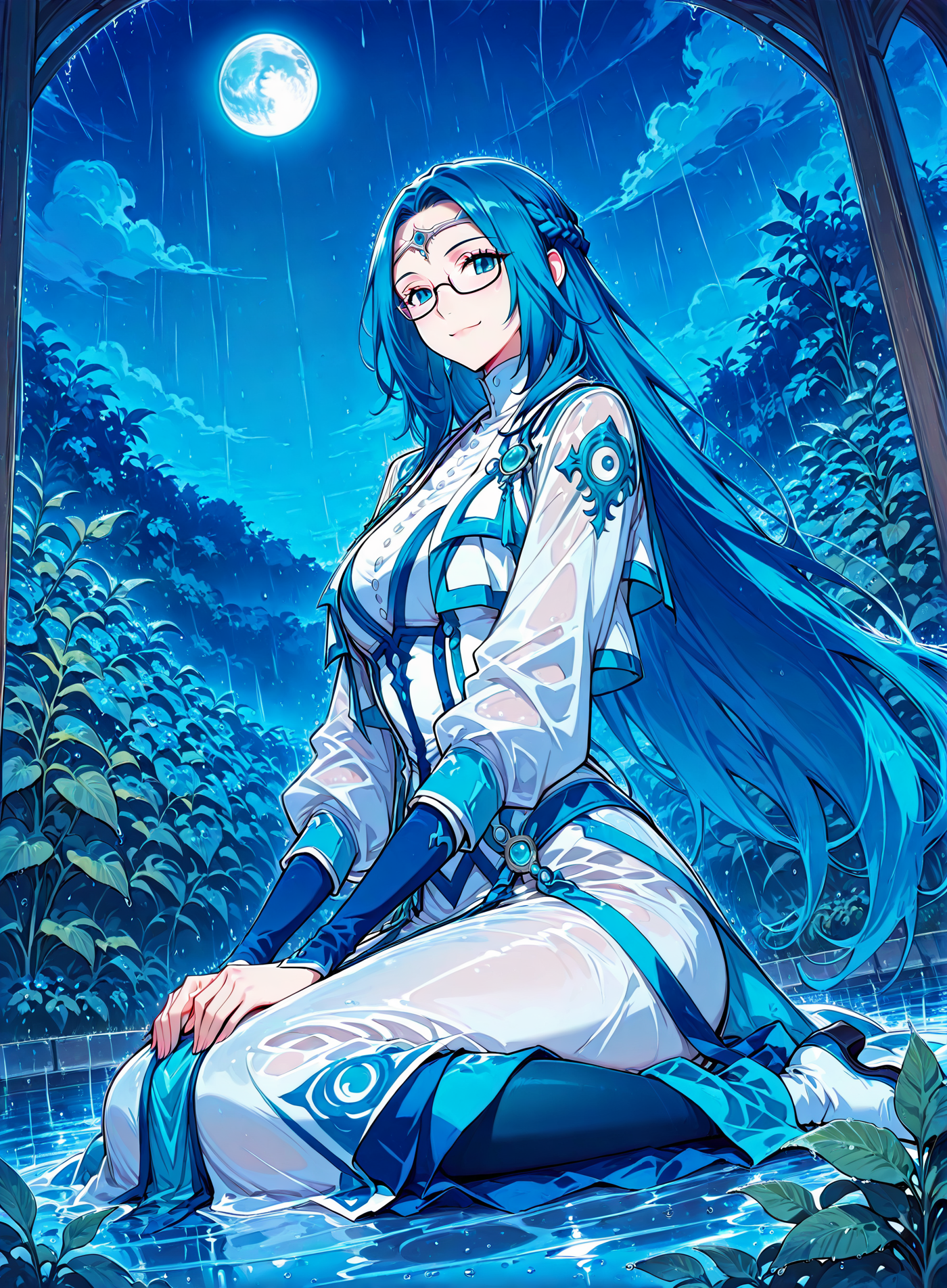 <lora:Ruo_Ling__Battle_Through_the_Heavens__Illustrious:1>
1 girl, solo, blue eyes, very long hair, blue hair, french braid, half updo, 
dress, long skirt, long sleeves, bottons, circlet, jewelry, glasses, semi-rimless eyewear,  
score_9, score_8_up, score_7_up, very aesthetic, source_anime, detailed, high quality, beautiful, detailed eyes, masterpiece, best quality, absurdres, perfect anatomy, 1girl, solo, wariza, sitting, hands on own knees, garden background, charming smile, rain, floating hair, looking at viewer, night, blue sky, blue moon, <lora:iLLMythG0thicL1nes:1>