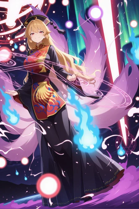 absurdres, highres, masterpiece, best quality, amazing quality, official anime artwork, screencap, anime screencap,
<lora:Junko_Illustrious:1> junko, 1girl, solo, blonde hair, red eyes, long hair, skinny, large breasts,, black headwear, black dress, long sleeves, tabard,
aurora, chinese clothes, cloud, danmaku, danmaku, earth \(planet\), energy, energy ball, fox tail, galaxy, light particles, long hair, long sleeves, looking at viewer, evil smile, closed mouth, magic circle, moon, moonlight, multiple tails, night, night sky, sky, space, star \(sky\), starry sky,